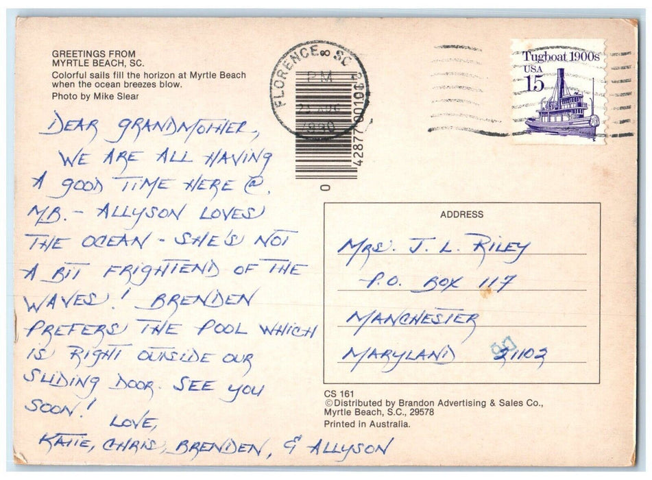 1930 Greetings From Myrtle Beach SC, Sailing Gulf Stream Trade Winds Postcard