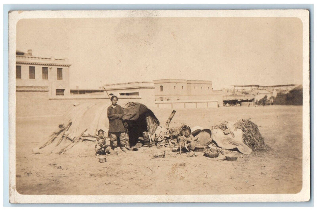 c1910's Chinese Family House Hut Children China RPPC Photo Antique Postcard
