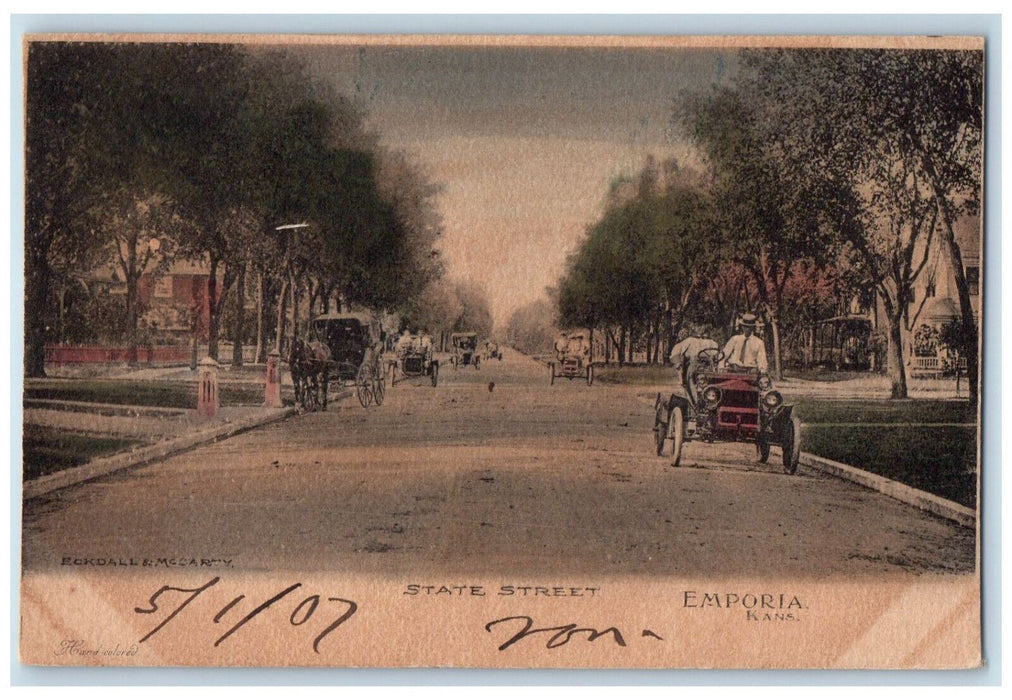 1907 Horse Carriage State Street Emporia Kansas KS Antique Postcard