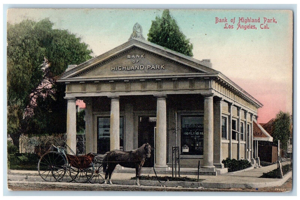 1908 Bank Highland Park Exterior Horse Carriage Los Angeles California Postcard