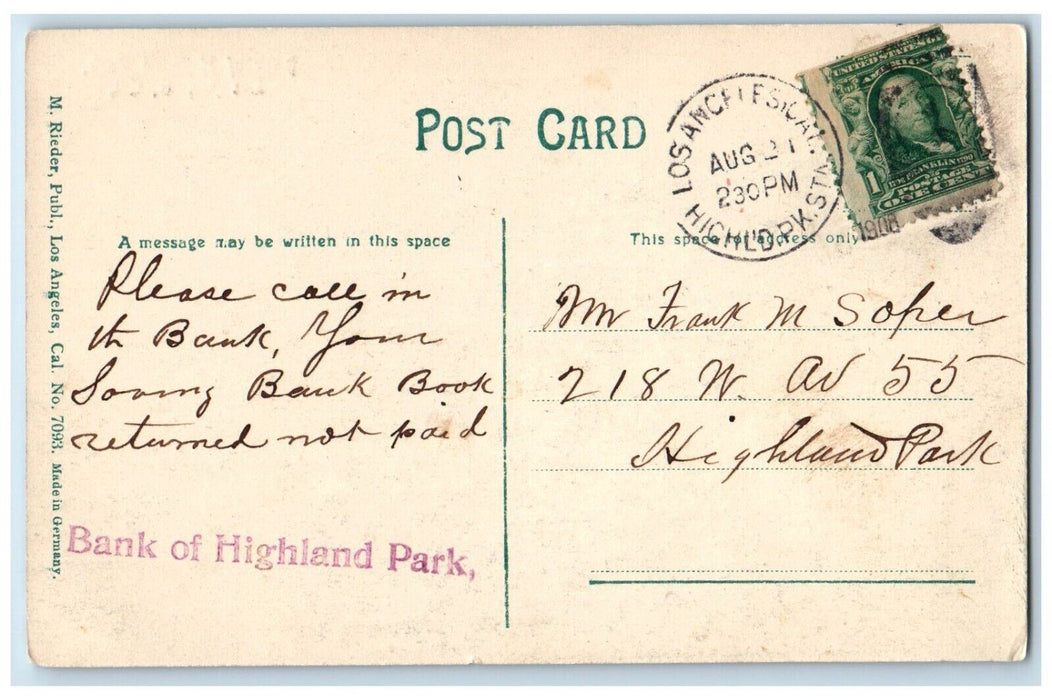 1908 Bank Highland Park Exterior Horse Carriage Los Angeles California Postcard