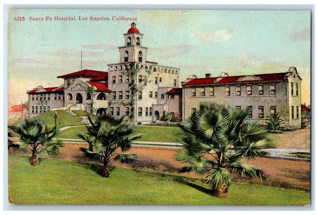 c1910 Santa Fe Hospital Exterior Building Garden Los Angeles California Postcard