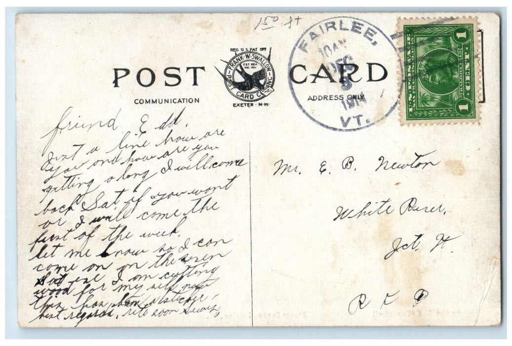 1914 Street Scene Fairlee Vermont VT S.E. Campbell Posted Postcard