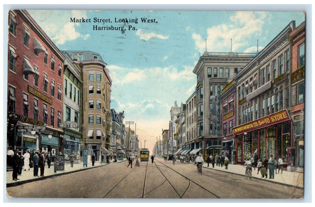 1916 Trolley Car Market Street Looking West Harrisburg Pennsylvania PA Postcard