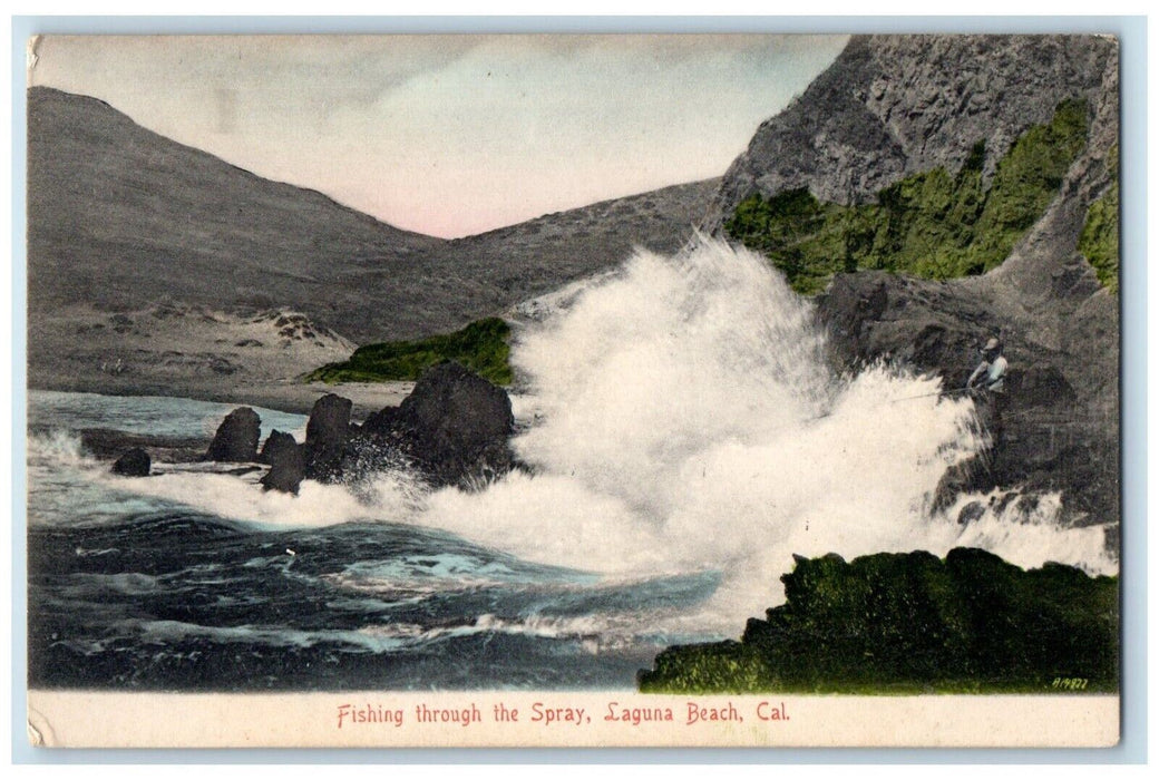 c1905 Fishing Through Spray Laguna Beach Waves Los Angeles California Postcard