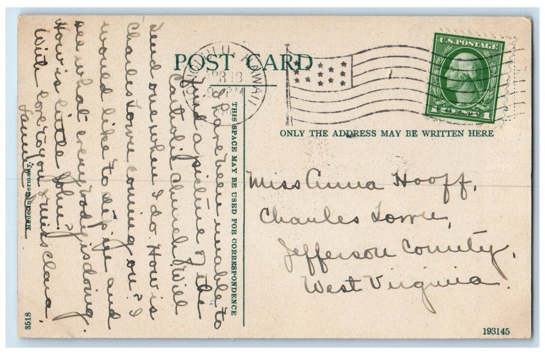 1916 Administration Building Honolulu HI, T. H. Formerly Queen's Palace Postcard
