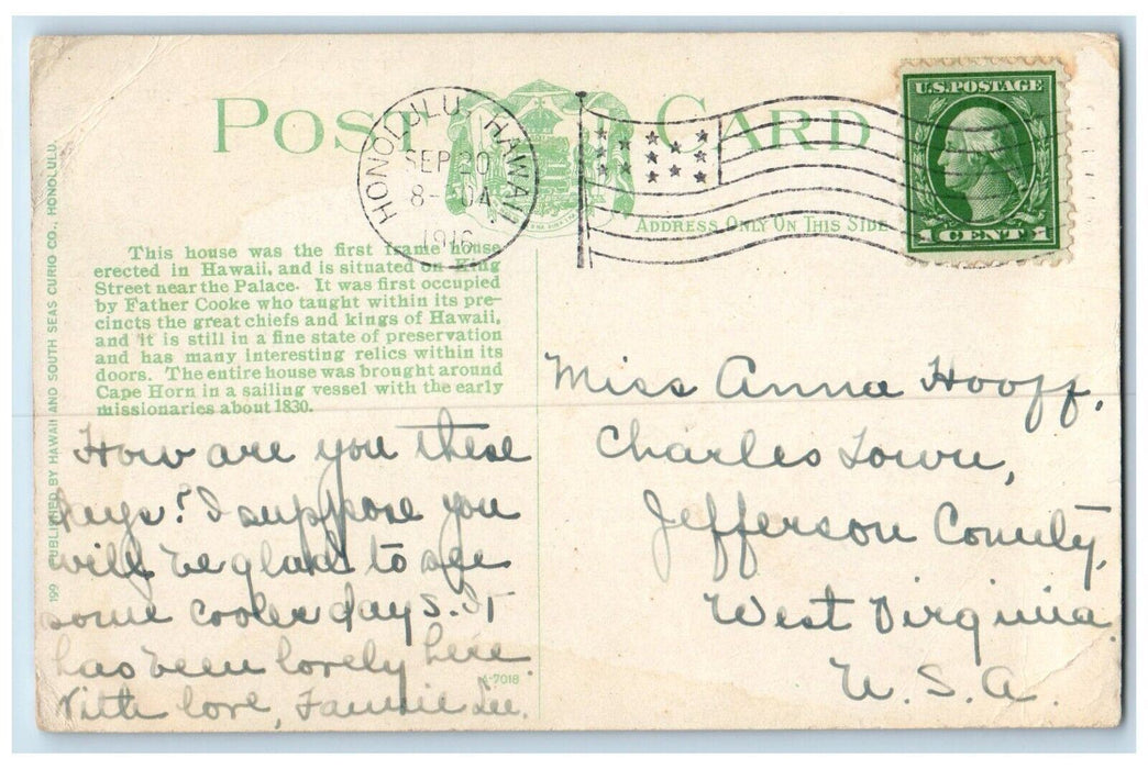 1916 The Cooke Mission House First Frame House In Honolulu Hawaii HI Postcard