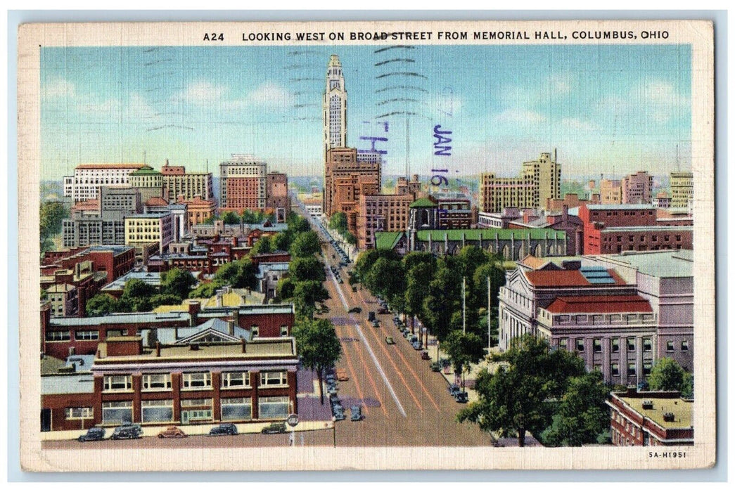 1937 Looking West On Broad Street From Memorial Hall Columbus Ohio OH Postcard
