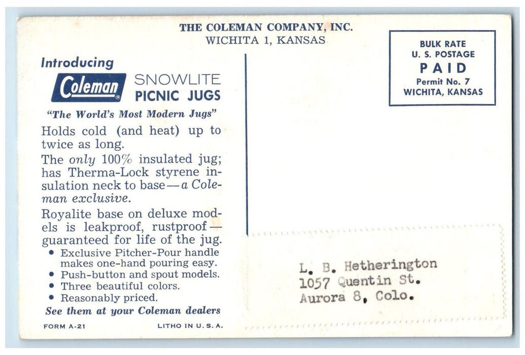 c1960's The Coleman Company Inc Wichita 1 Kansas KS Advertising Postcard