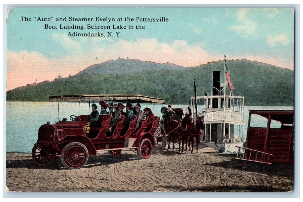 c1910 Auto & Steamer Evelyn at Pottersville Boat Landing Adirondacks NY Postcard