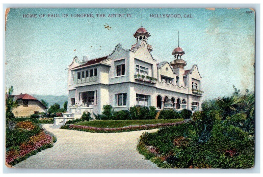 c1910 Home Paul De Longpre Artist Exterior Garden Hollywood California Postcard