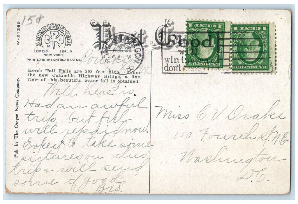 1918 Horsetail Falls Columbia River Highway Oregon OR Antique Postcard