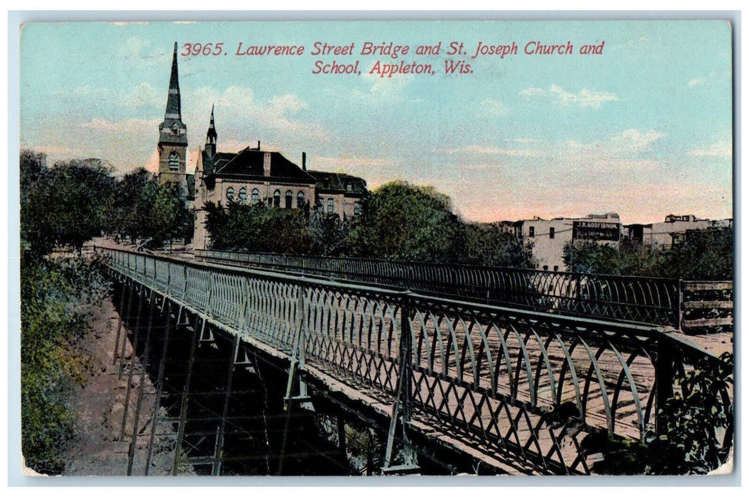 c1910 Lawrence Street Bridge St. Joseph Church School Appleton WI Postcard