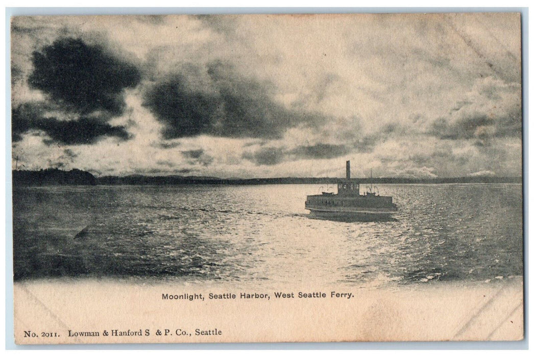 1906 Moonlight Seattle Harbor West Seattle Ferry WA Antique Posted Postcard