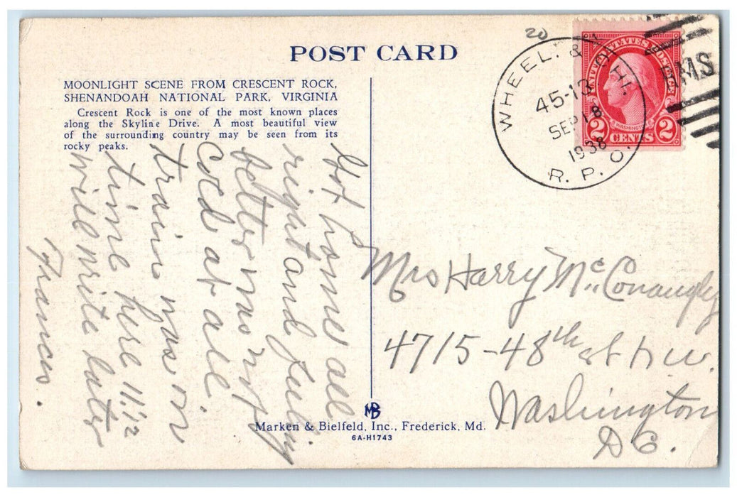 1938 Moonlight Scene from Crescent Rock Shenandoah National Park VA RPO Postcard