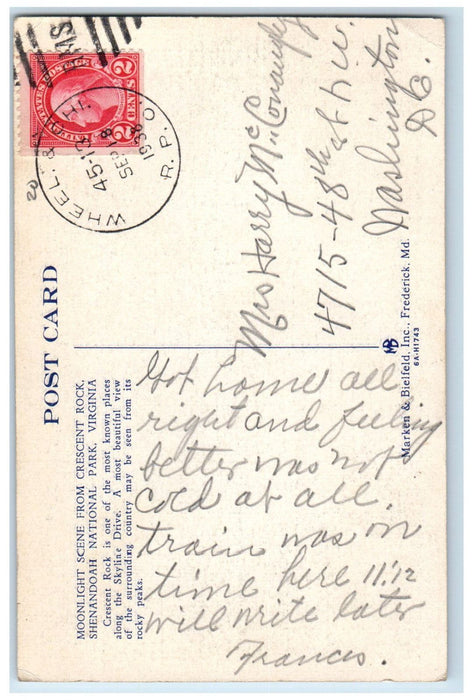 1938 Moonlight Scene from Crescent Rock Shenandoah National Park VA RPO Postcard
