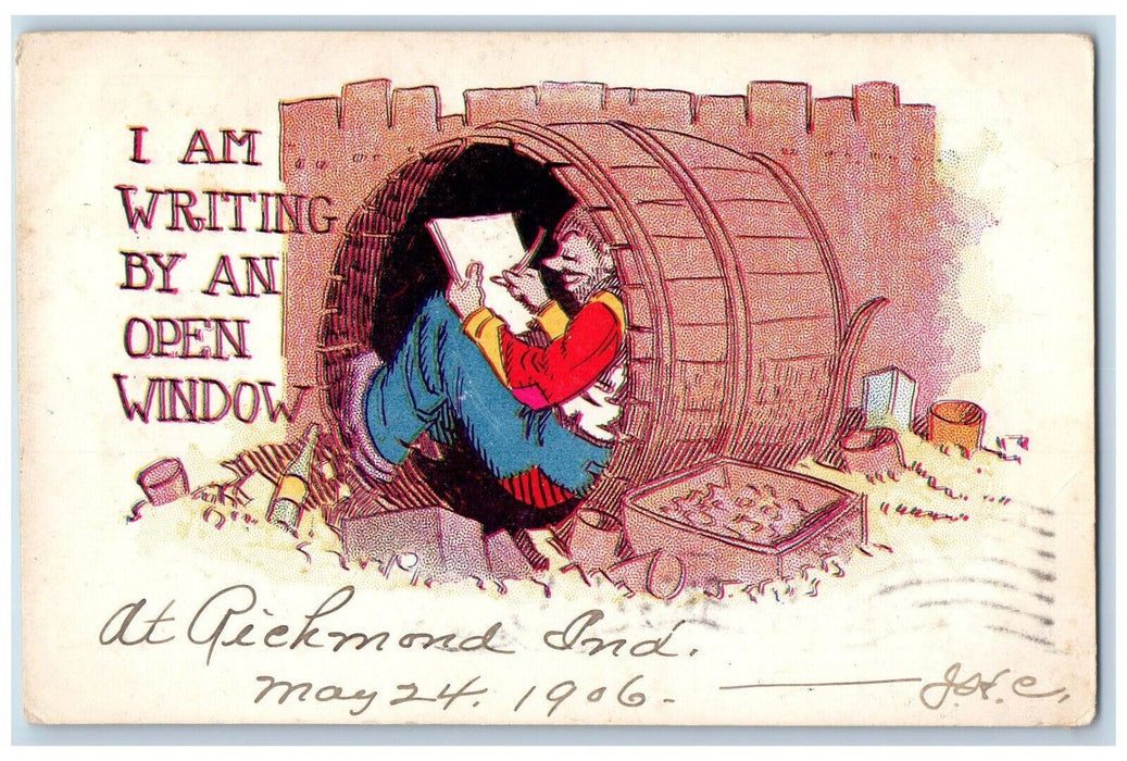 1906 Man Writing In A Barrel Richmond Indiana IN Adrian MI Posted Postcard