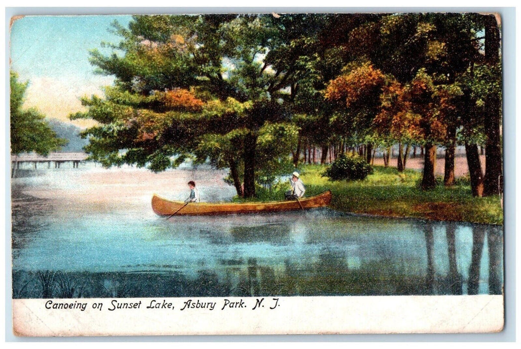 c1910's Canoeing On Sunset Lake Asbury Park New Jersey NJ Antique Postcard