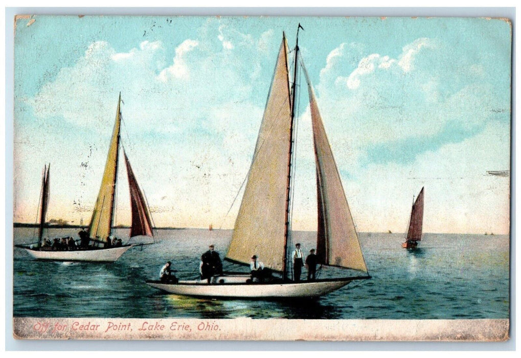 1907 Off For Cedar Point Lake Erie Sandusky Ohio OH, Sail Boat Antique Postcard