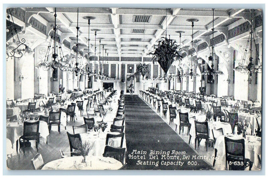 c1910 Main Dining Room Hotel Interior Chandelier  Del Monte California Postcard