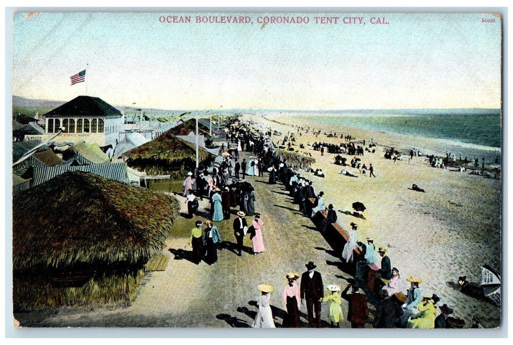 c1910 Ocean Boulevard Coronado Beach Hut Swimming Tent City California Postcard