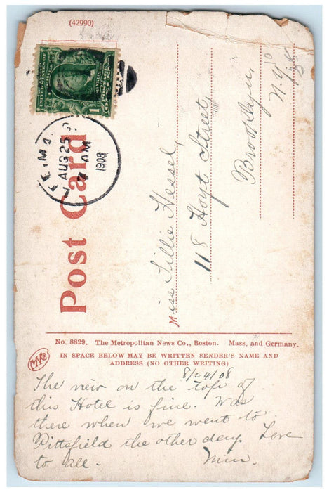 1908 Wendell Hotel Pittsfield Massachusetts MA Posted Antique Postcard