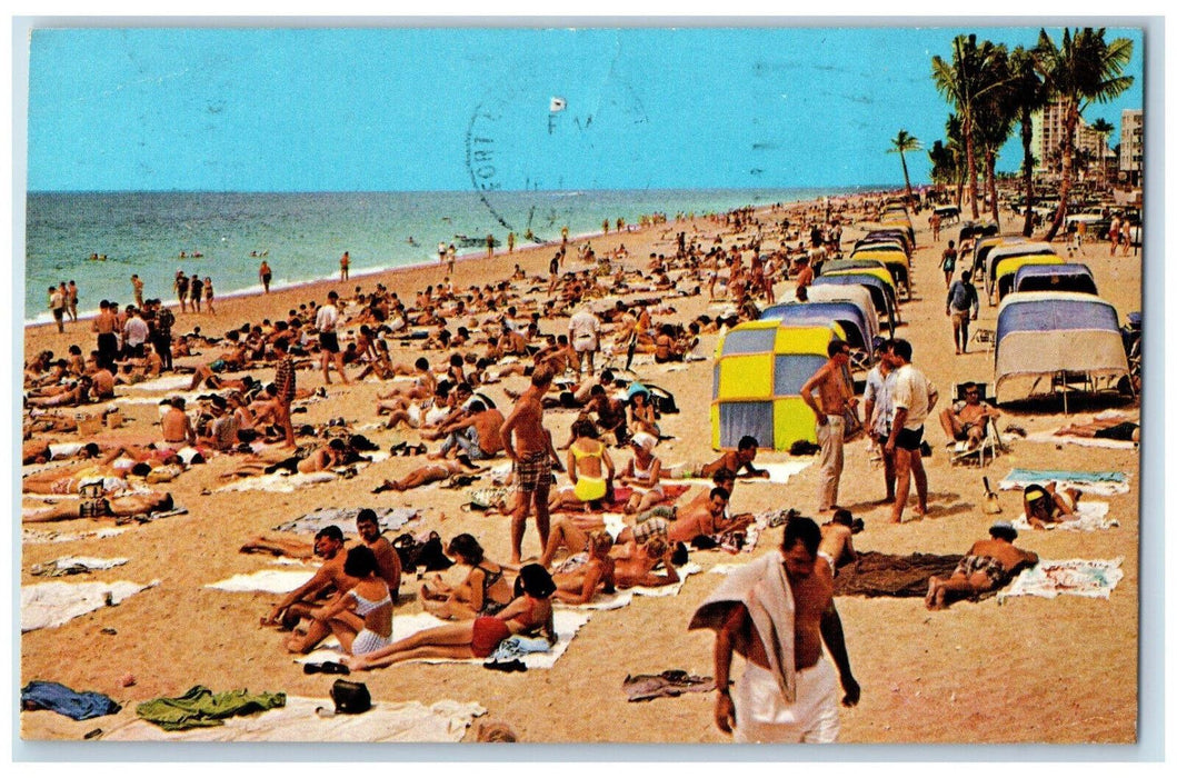 1977 Crowded Beach Golden Sands Fort Lauderdale Florida FL Vintage Postcard