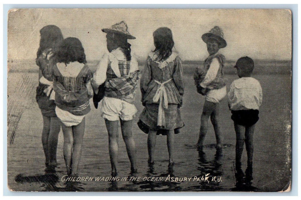 1910 Children Wading in the Ocean Asbury Park New Jersey NJ Postcard