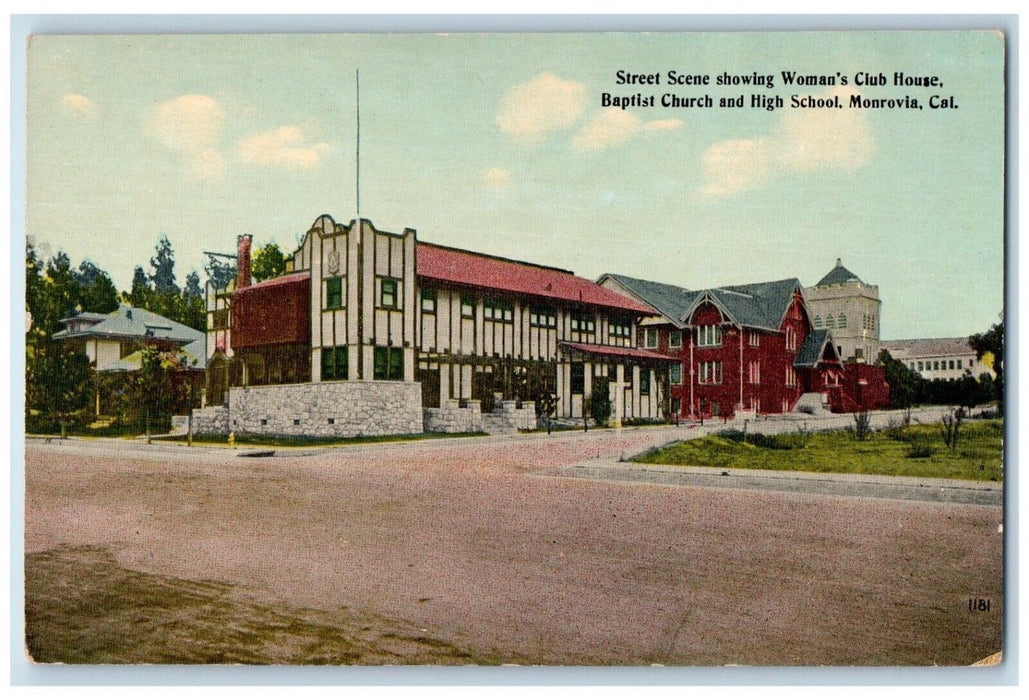 c1910 Street Woman Club House Baptist Church School Monrovia California Postcard