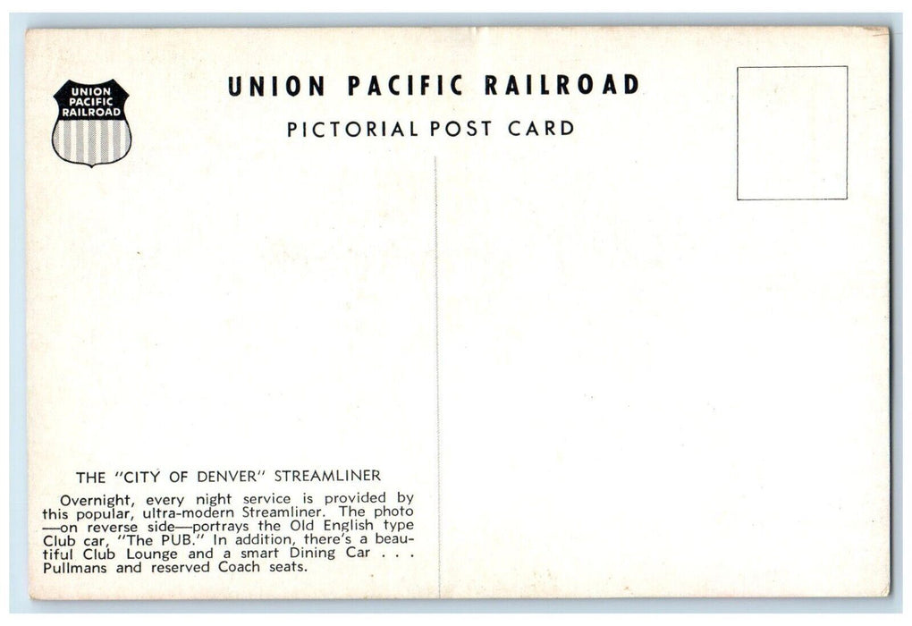 City Of Denver Streamliner Train Dining Room Pub Union Pacific Railroad Postcard