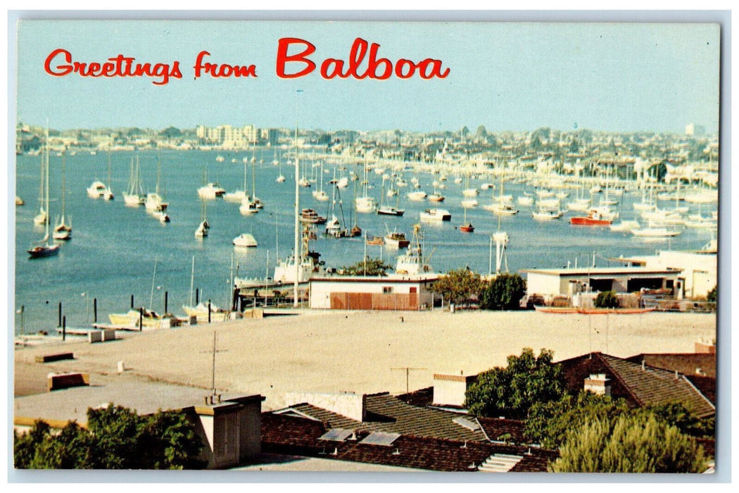 c1960's Fleet of Yacht Boats Greetings from Balboa Island California CA Postcard