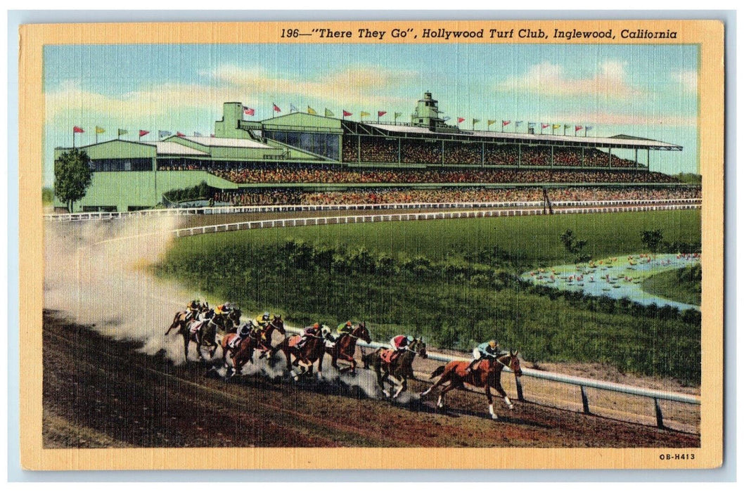 c1960's Horse Racing "There They Go" Hollywood Turf Club, Inglewood CA Postcard