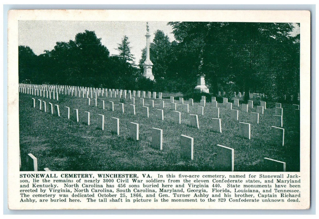 c1940's Stonewall Cemetery Winchester Virginia VA Vintage Triangle Kard Postcard