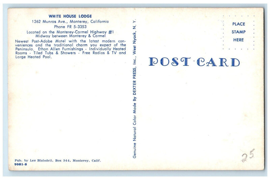 c1950's White House Lodge Motel Swimming Pool Monterey California CA Postcard