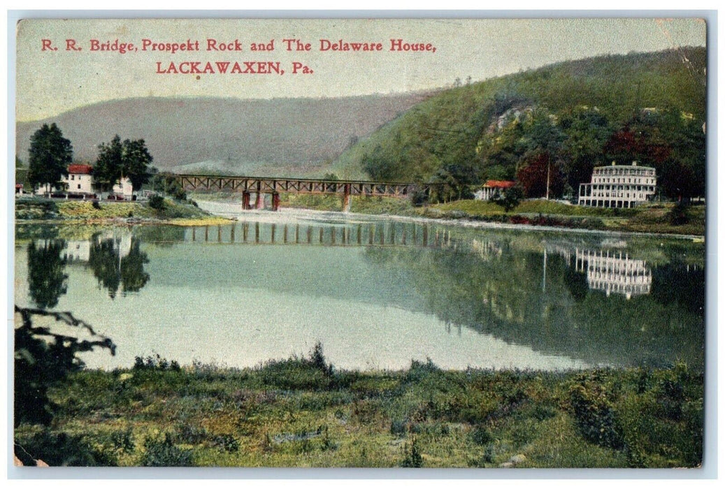 c1910's RR Bridge Prospekt Rock & The Delaware House Lackawaxen PA Postcard