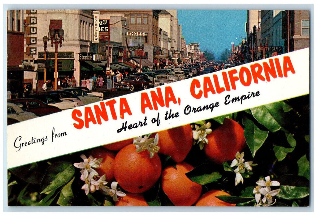 c1950's Orange Empire Greetings from Santa Ana CA Multiview Banner Postcard