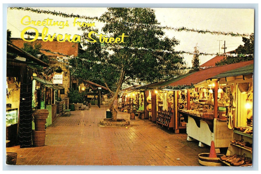 c1950's Greetings from Olvera Street Lights Glass Blower Los Angeles CA Postcard