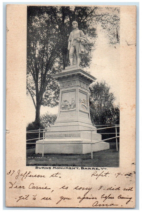 c1905 View Of Burns Monument Barre Vermont VT Posted Antique Postcard