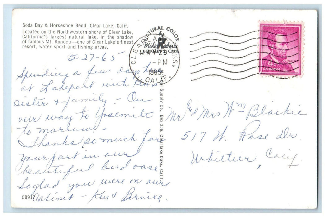 1965 Soda Bay & Horseshoe Bend Clear Lake California CA Posted Postcard