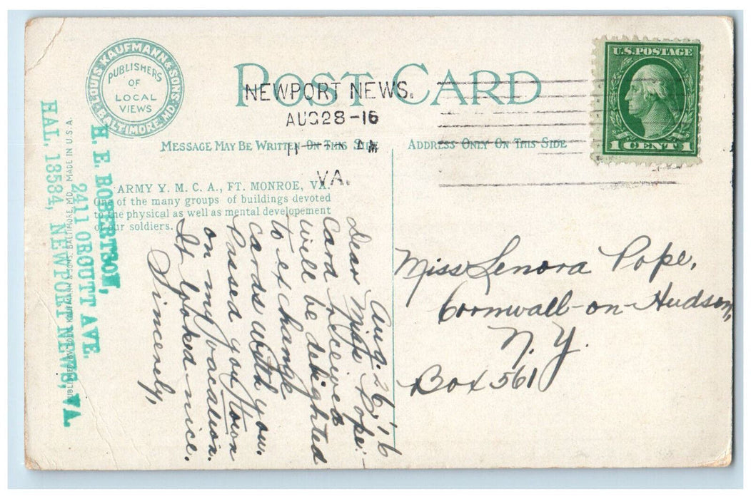 1916 Army Y.M.C.A Fort Monroe Virginia VA Antique Unposted Postcard