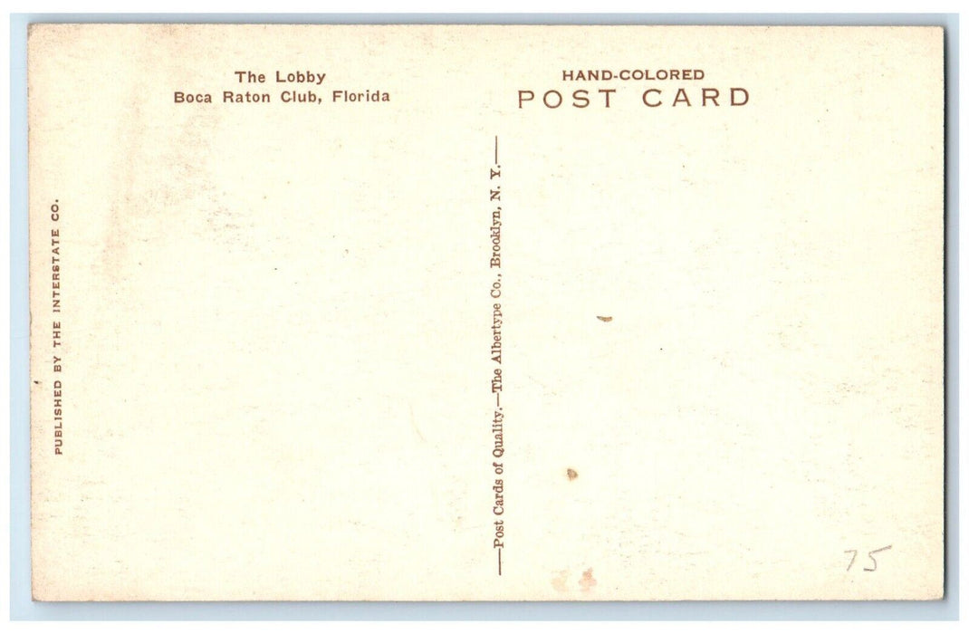 c1930's The Lobby Interior View Boca Raton Club Florida FL, Handcolored Postcard