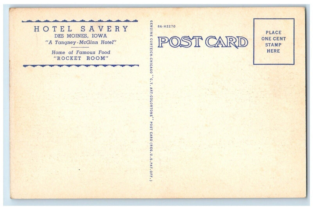 c1950's Hotel Savery Building Cars Dining Room Des Moines Iowa IA Postcard