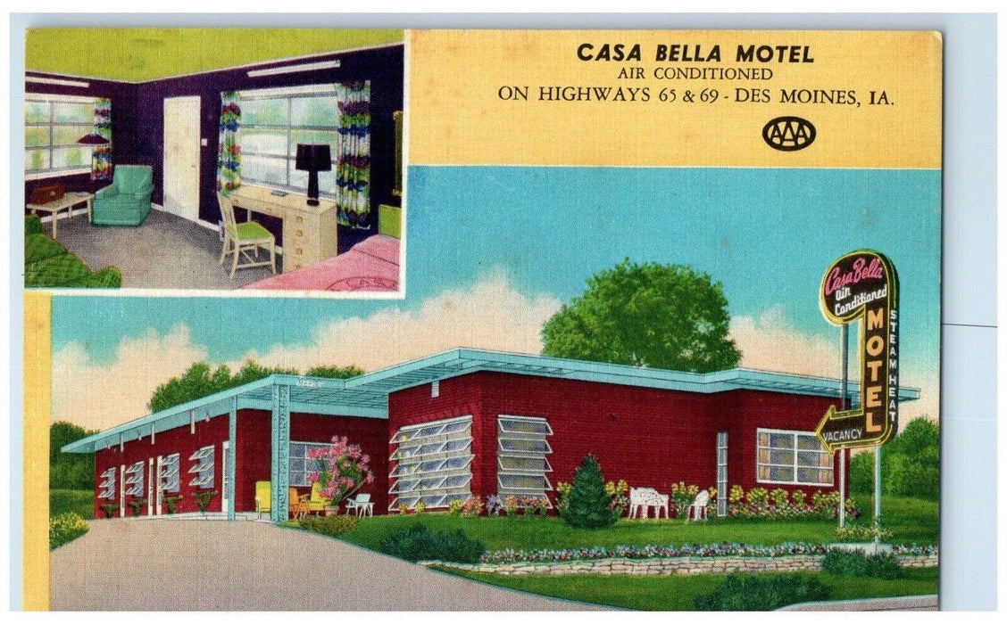 c1950's Casa Bella Motel Dining Room Des Moines Iowa IA Vintage Postcard