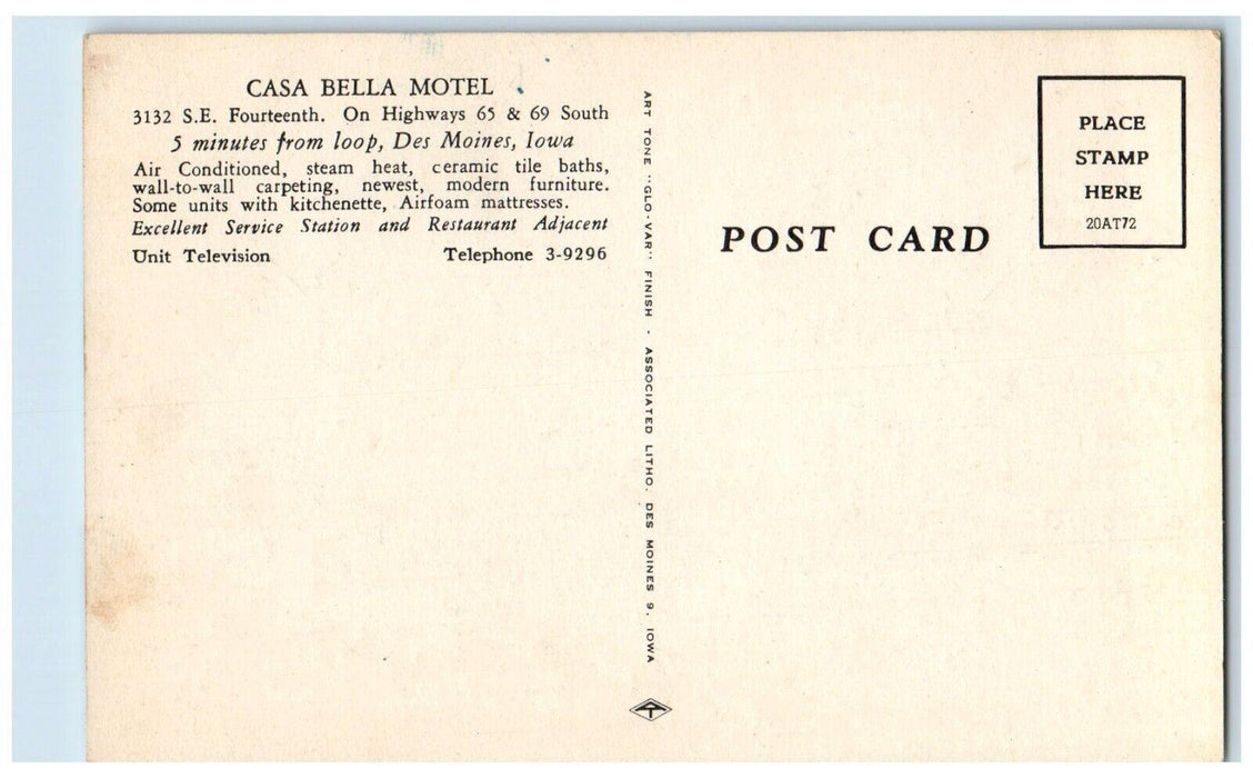 c1950's Casa Bella Motel Dining Room Des Moines Iowa IA Vintage Postcard