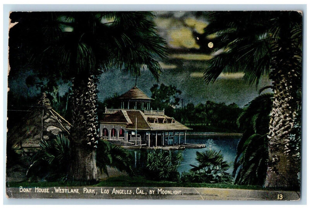 1912 Boat House Westlake Park Night Los Angeles California CA Moonlight Postcard