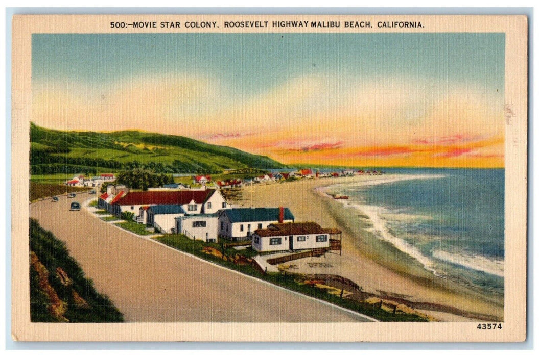 c1940 Movie Star Colony Roosevelt Highway Sand Malibu Beach California Postcard