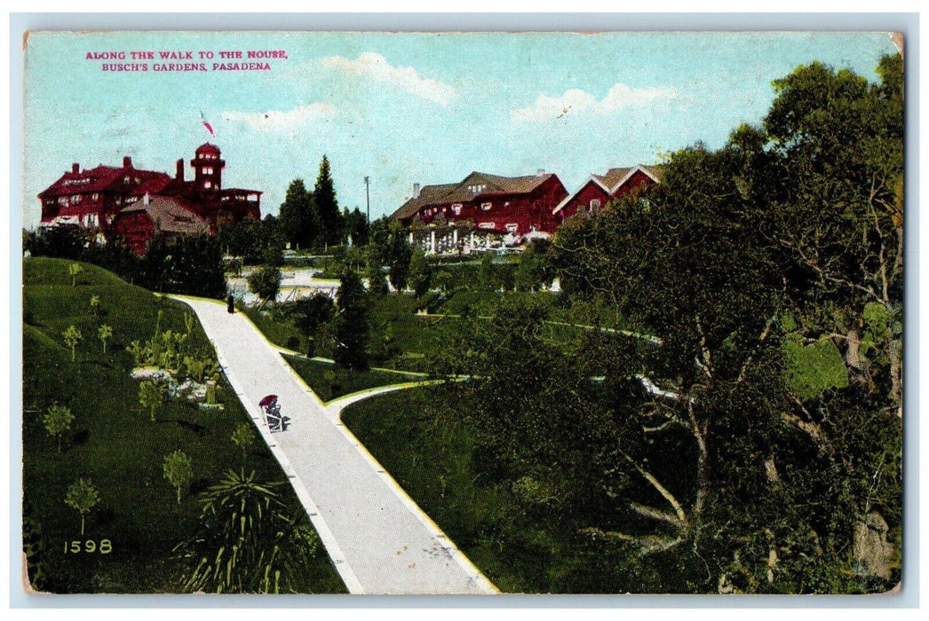 1912 Along Walk House Buschs Gardens Exterior Road Pasadena California Postcard