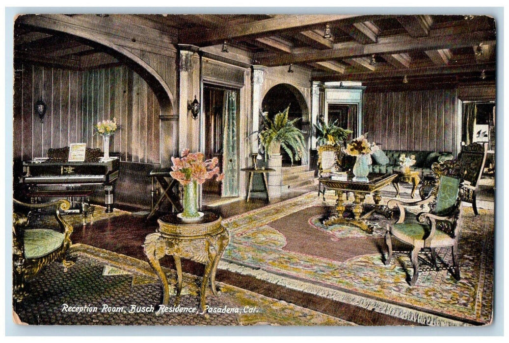 c1910 Reception Room Busch Residence Interior Vase Pasadena California Postcard