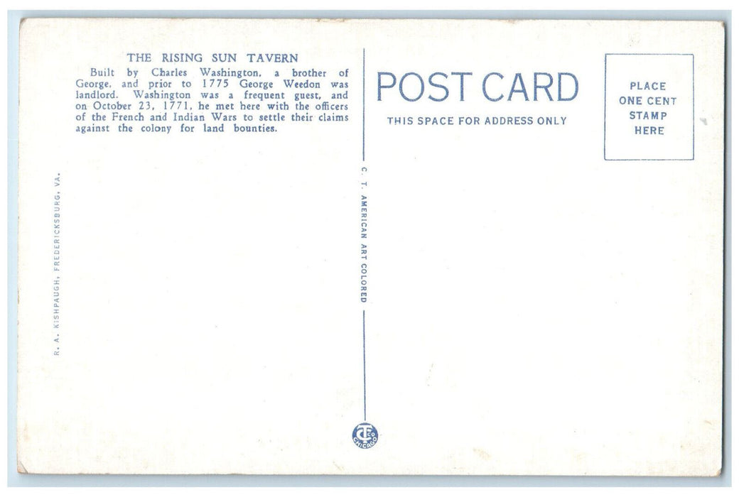 c1930's Rising Sun Tavern Fredericksburg Virginia VA Unposted Vintage Postcard