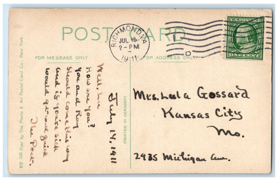 1911 Washington's Head Quarters Richmond Virginia VA Antique Posted Postcard